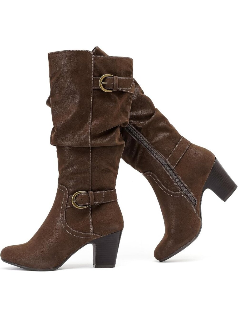 Women's Brown Pu Knee High Boots Heeled Boots Chunky Heel Slouchy Round Toe